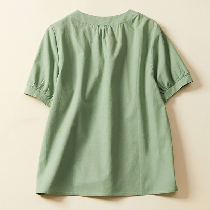 T-shirt casual da donna in cotone e lino con maniche corte e bottoni, Buddha Stones - image 2