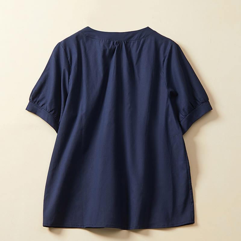 T-shirt casual da donna in cotone e lino con maniche corte e bottoni, Buddha Stones - image 5