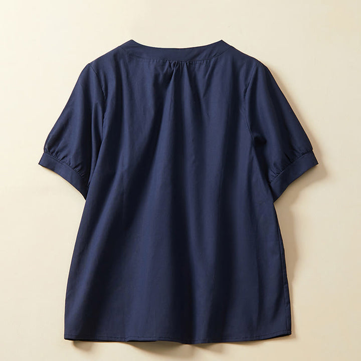 T-shirt casual da donna in cotone e lino con maniche corte e bottoni, Buddha Stones - image 5