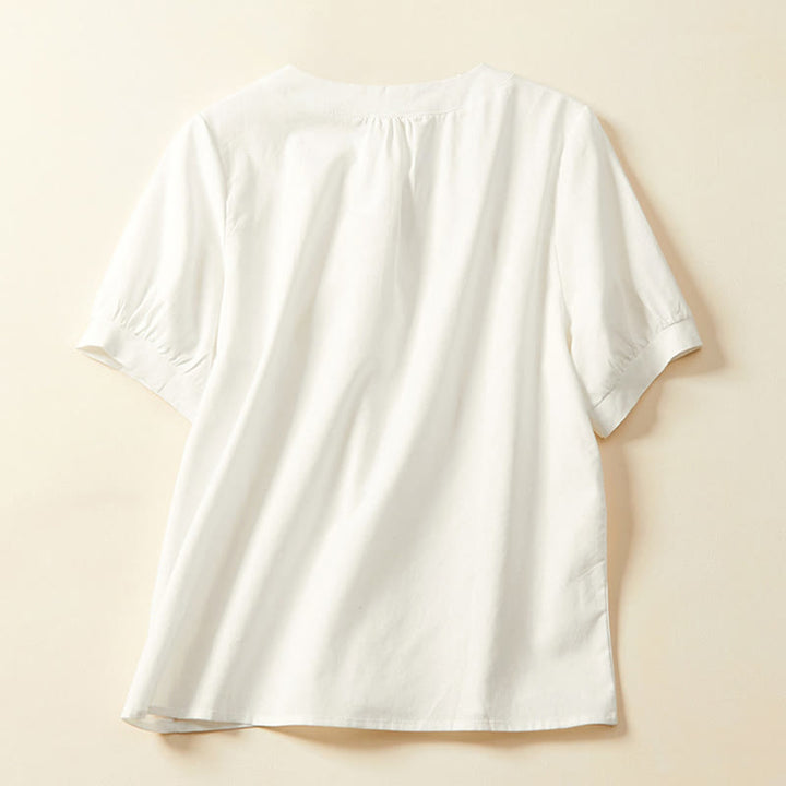 T-shirt casual da donna in cotone e lino con maniche corte e bottoni, Buddha Stones - image 3