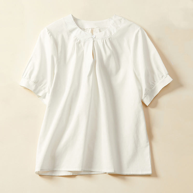 T-shirt casual da donna in cotone e lino con maniche corte e bottoni, Buddha Stones - Bianco - US14, UK/AU18, EU46 (2XL) - image 2