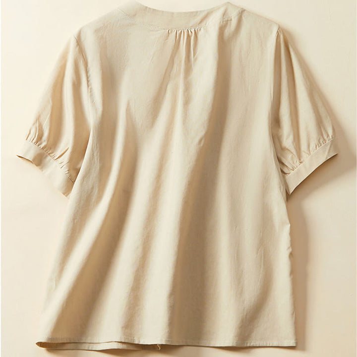 T-shirt casual da donna in cotone e lino con maniche corte e bottoni, Buddha Stones - image 8