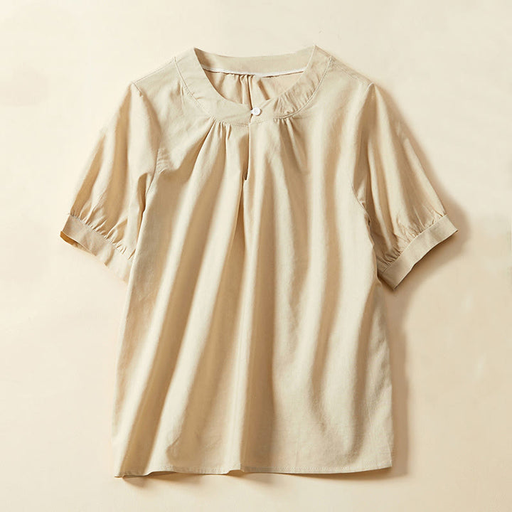 T-shirt casual da donna in cotone e lino con maniche corte e bottoni, Buddha Stones - Mocassino - US14, UK/AU18, EU46 (2XL) - image 6