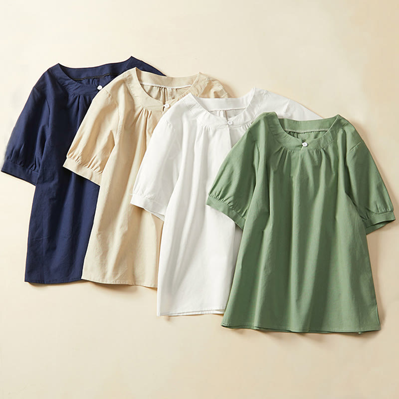 T-shirt casual da donna in cotone e lino con maniche corte e bottoni, Buddha Stones - image 14