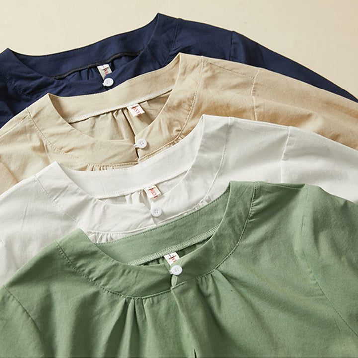 T-shirt casual da donna in cotone e lino con maniche corte e bottoni, Buddha Stones - image 14