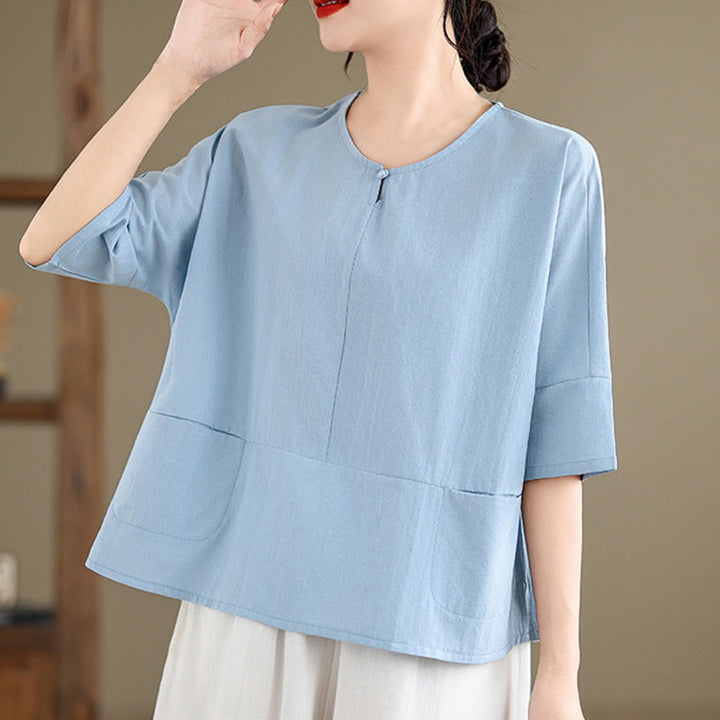 T-shirt casual da donna in cotone e poliestere a mezza manica con tasche, Buddha Stones - AzzurroCielo Chiaro - US14, UK/AU18, EU46 (2XL) - image 1