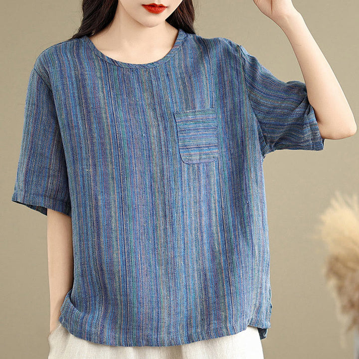 T-shirt da donna in cotone e lino a maniche corte, casual e retrò, con motivo a righe Buddha Stones - image 3