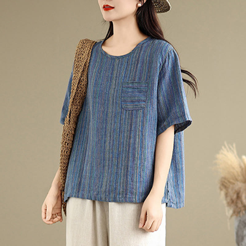 T-shirt da donna in cotone e lino a maniche corte, casual e retrò, con motivo a righe Buddha Stones - image 4