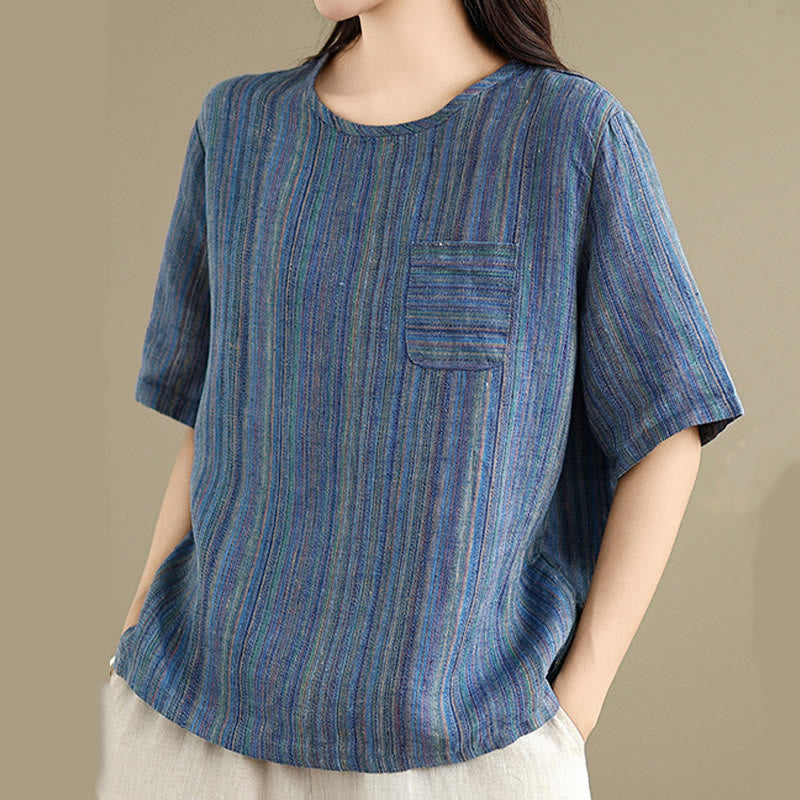 T-shirt da donna in cotone e lino a maniche corte, casual e retrò, con motivo a righe Buddha Stones - image 2