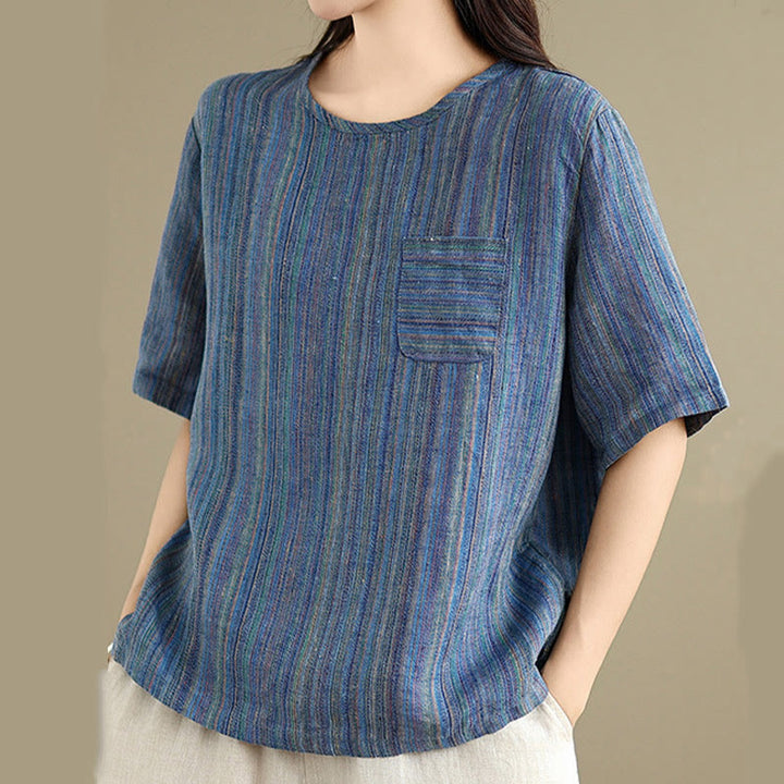 T-shirt da donna in cotone e lino a maniche corte, casual e retrò, con motivo a righe Buddha Stones - image 2