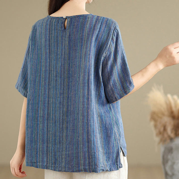 T-shirt da donna in cotone e lino a maniche corte, casual e retrò, con motivo a righe Buddha Stones - image 9