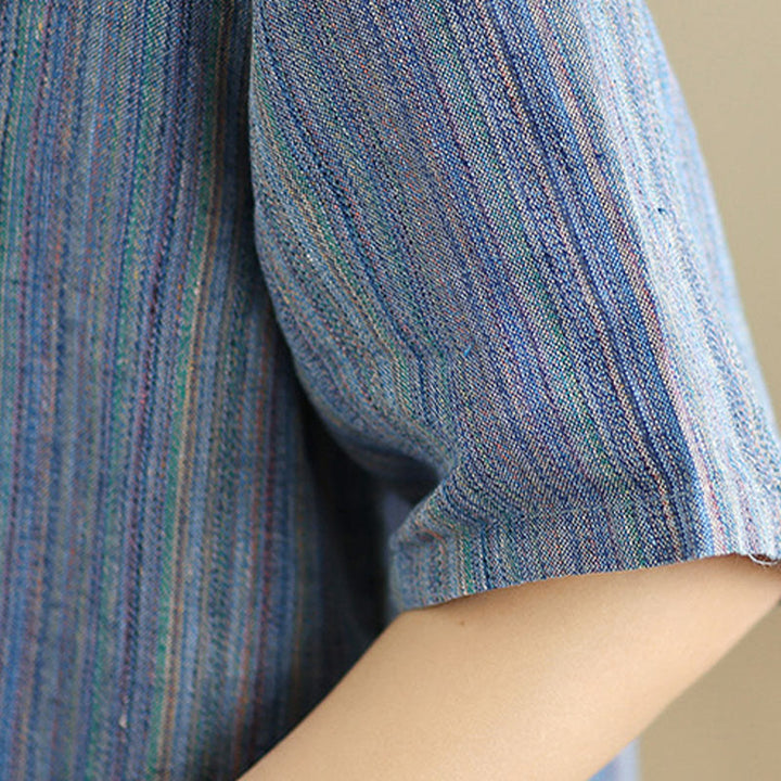 T-shirt da donna in cotone e lino a maniche corte, casual e retrò, con motivo a righe Buddha Stones - image 6