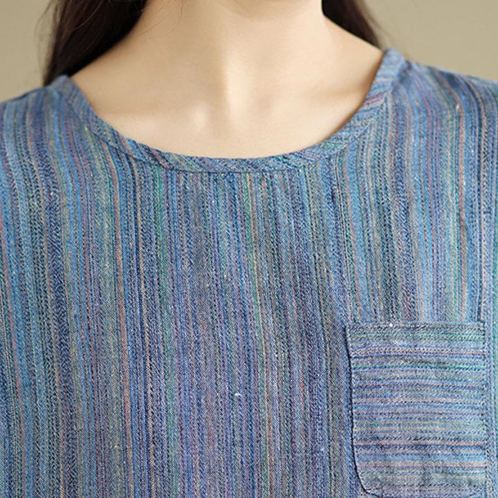 T-shirt da donna in cotone e lino a maniche corte, casual e retrò, con motivo a righe Buddha Stones - image 3