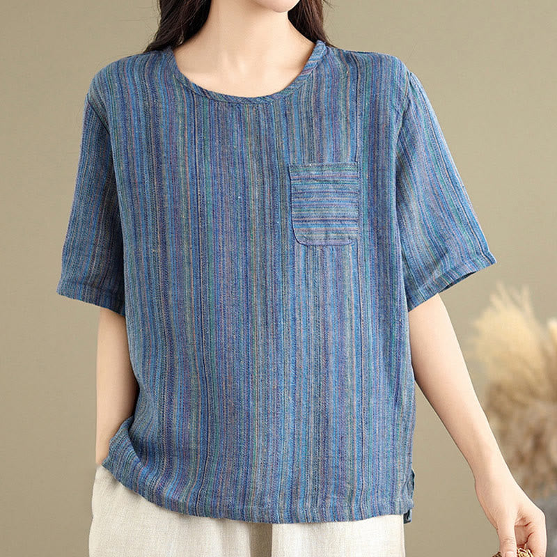 T-shirt da donna in cotone e lino a maniche corte, casual e retrò, con motivo a righe Buddha Stones - image 9