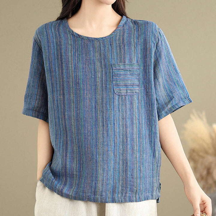 T-shirt da donna in cotone e lino a maniche corte, casual e retrò, con motivo a righe Buddha Stones - image 9