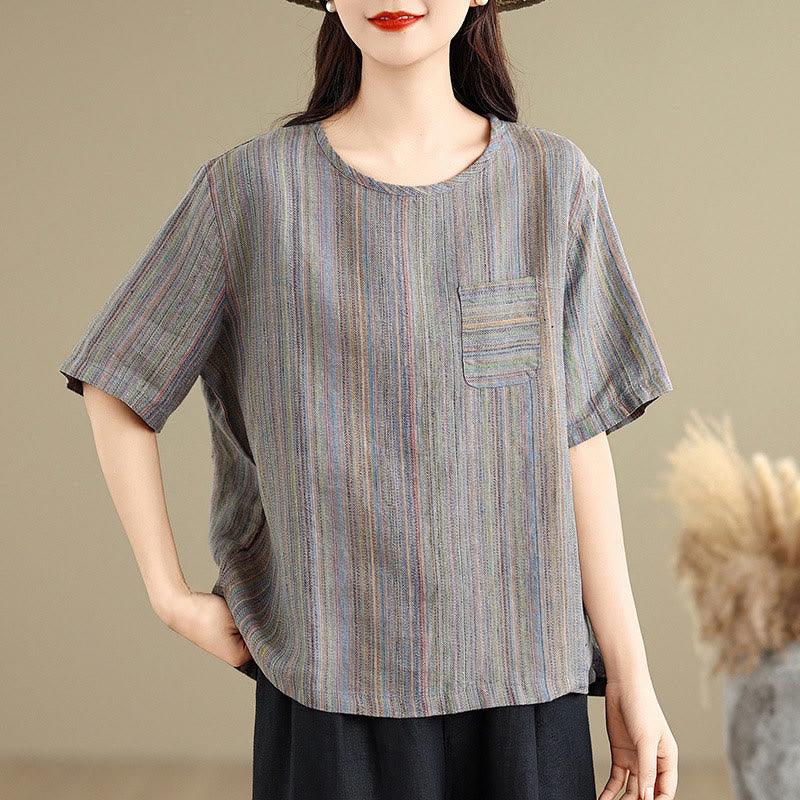 T-shirt da donna in cotone e lino a maniche corte, casual e retrò, con motivo a righe Buddha Stones - image 12