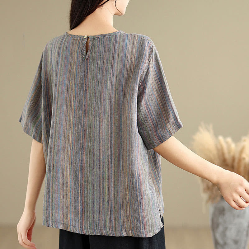 T-shirt da donna in cotone e lino a maniche corte, casual e retrò, con motivo a righe Buddha Stones - image 14