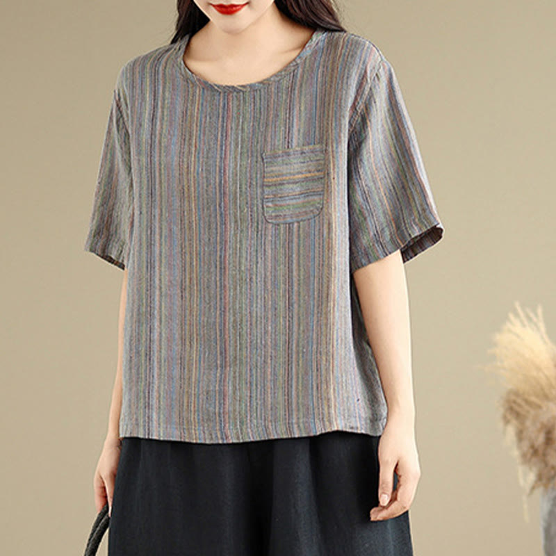 T-shirt da donna in cotone e lino a maniche corte, casual e retrò, con motivo a righe Buddha Stones - image 13
