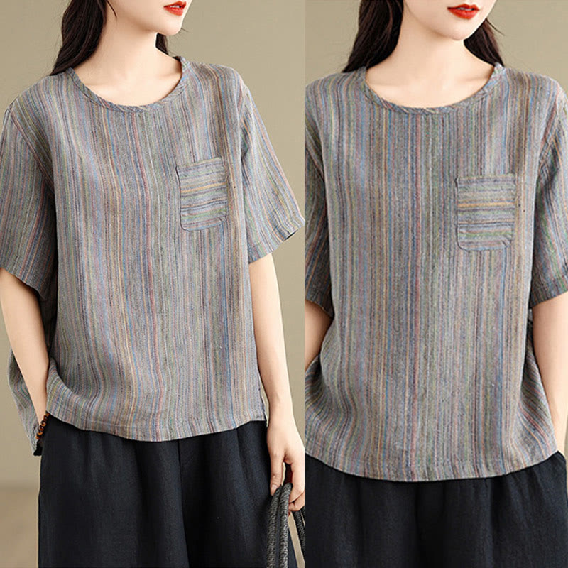T-shirt da donna in cotone e lino a maniche corte, casual e retrò, con motivo a righe Buddha Stones - image 15
