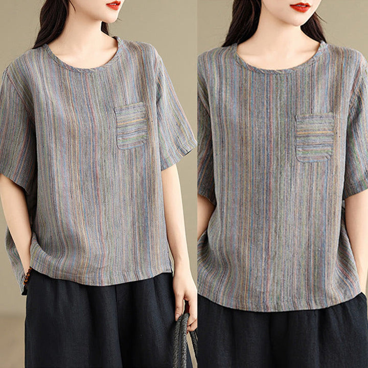 T-shirt da donna in cotone e lino a maniche corte, casual e retrò, con motivo a righe Buddha Stones - image 15