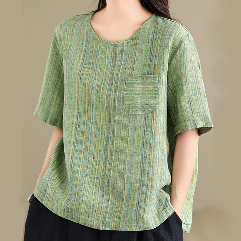 T-shirt da donna in cotone e lino a maniche corte, casual e retrò, con motivo a righe Buddha Stones - image 17