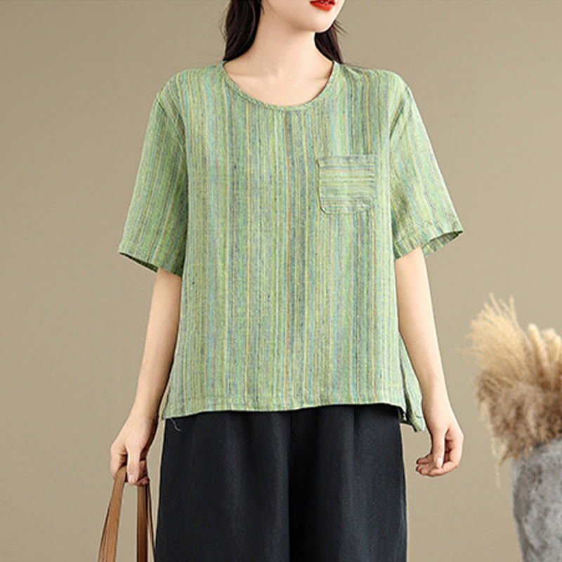 T-shirt da donna in cotone e lino a maniche corte, casual e retrò, con motivo a righe Buddha Stones - image 18