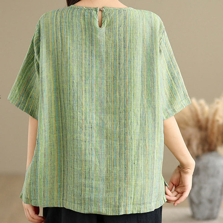 T-shirt da donna in cotone e lino a maniche corte, casual e retrò, con motivo a righe Buddha Stones - image 21