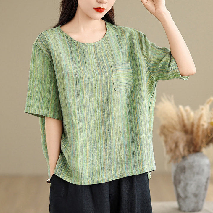 T-shirt da donna in cotone e lino a maniche corte, casual e retrò, con motivo a righe Buddha Stones - VerdeMareScuro - US12, UK/AU16, EU44 (2XL) - image 16