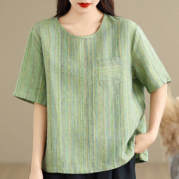 T-shirt da donna in cotone e lino a maniche corte, casual e retrò, con motivo a righe Buddha Stones - image 19