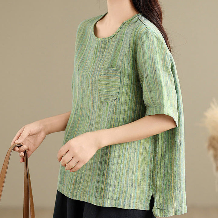 T-shirt da donna in cotone e lino a maniche corte, casual e retrò, con motivo a righe Buddha Stones - image 19