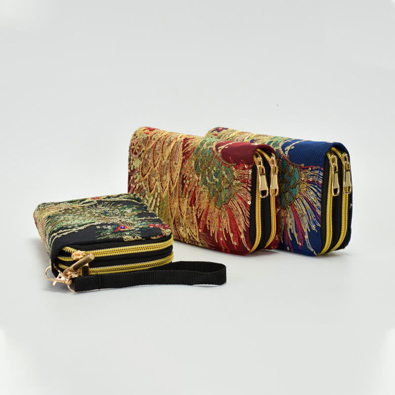 Portafoglio porta contanti con ricamo bifacciale Buddha Stones Peacock Shopping Purse