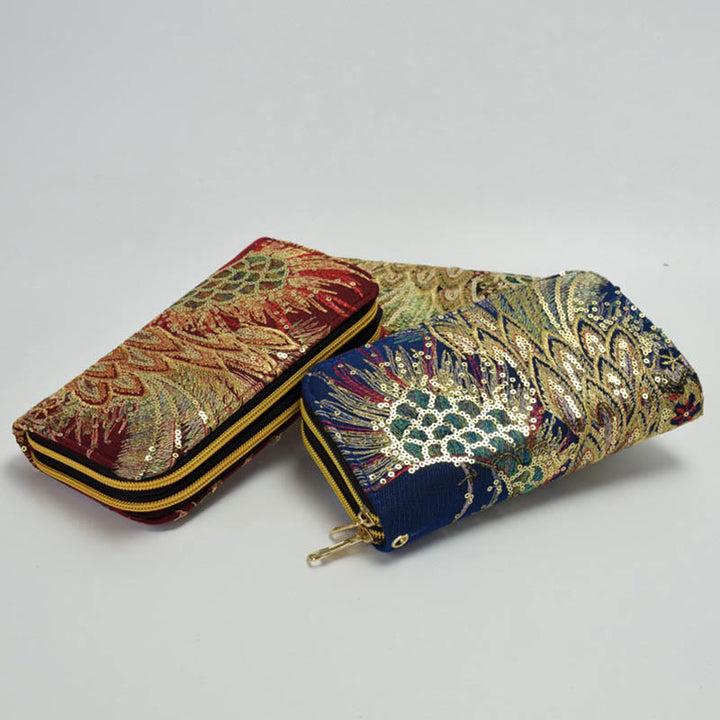 Portafoglio porta contanti con ricamo bifacciale Buddha Stones Peacock Shopping Purse