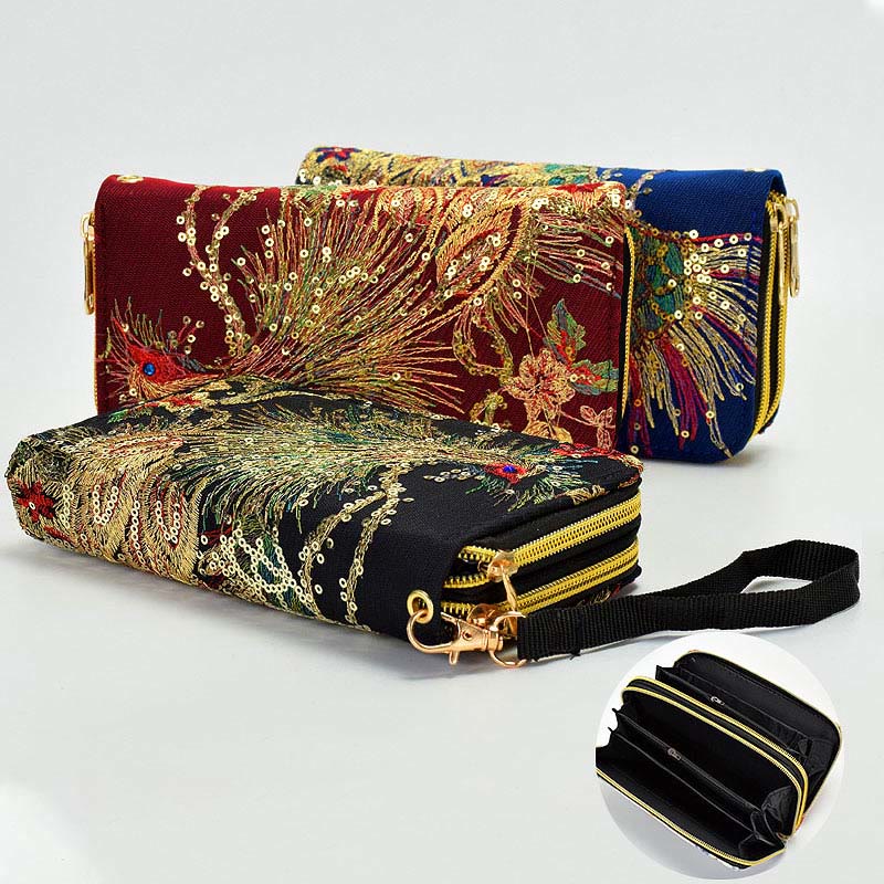 Portafoglio porta contanti con ricamo bifacciale Buddha Stones Peacock Shopping Purse