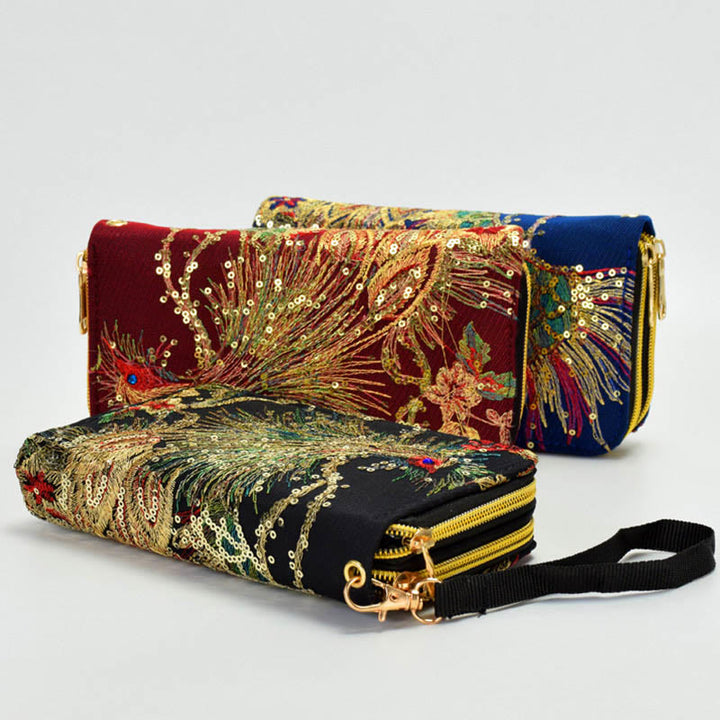 Portafoglio porta contanti con ricamo bifacciale Buddha Stones Peacock Shopping Purse