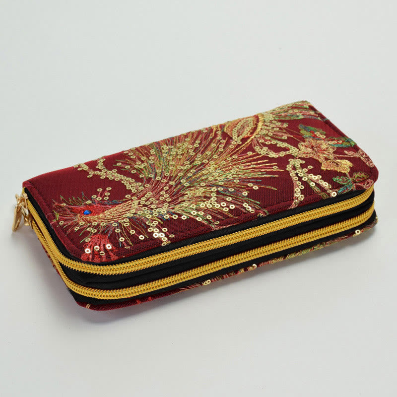 Portafoglio porta contanti con ricamo bifacciale Buddha Stones Peacock Shopping Purse - Pavone rosso vino - image 8
