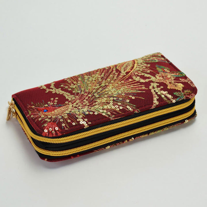 Portafoglio porta contanti con ricamo bifacciale Buddha Stones Peacock Shopping Purse - Pavone rosso vino - image 8