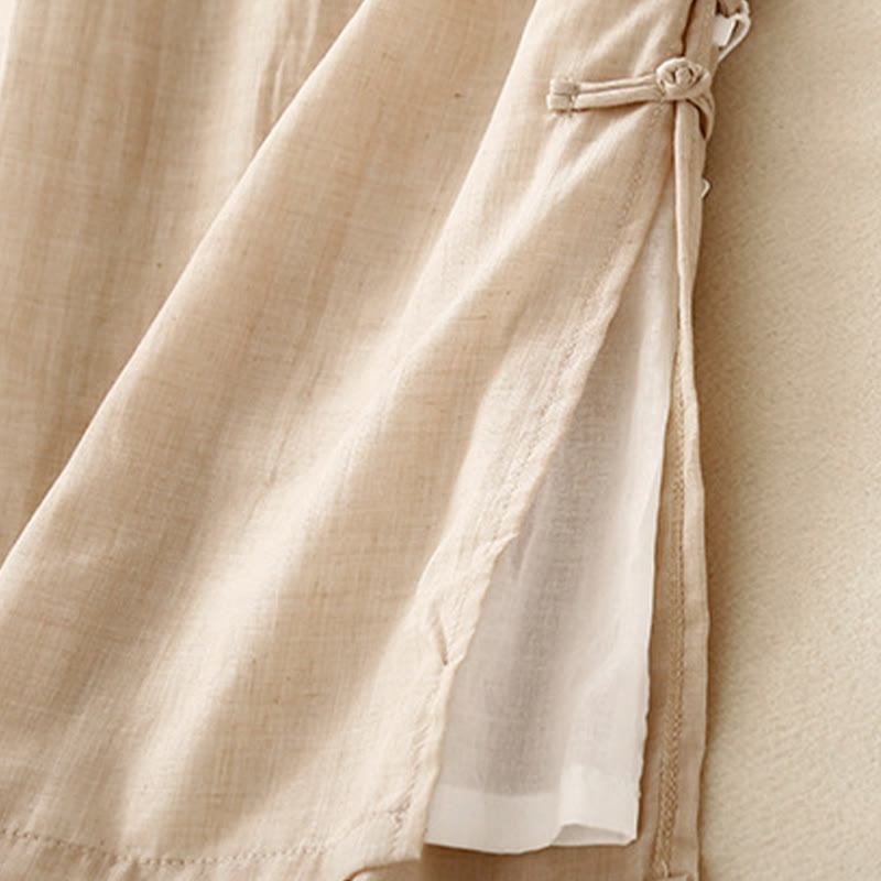 Pantaloni da donna in cotone e lino a gamba larga con tasche, orlo con bottoni a rana e design a fessura , Buddha Stones - image 6