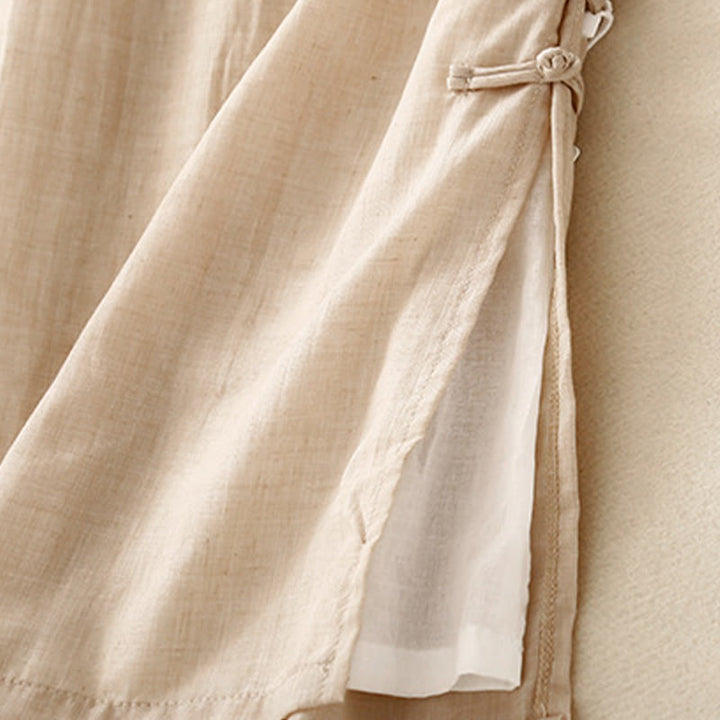 Pantaloni da donna in cotone e lino a gamba larga con tasche, orlo con bottoni a rana e design a fessura , Buddha Stones - image 6