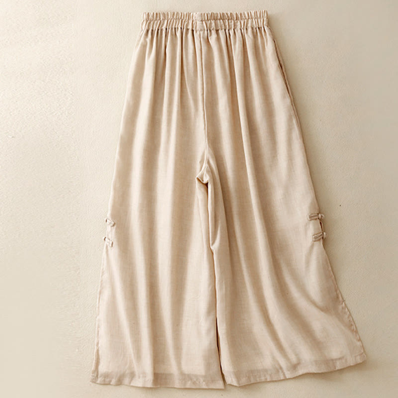 Pantaloni da donna in cotone e lino a gamba larga con tasche, orlo con bottoni a rana e design a fessura , Buddha Stones - image 2