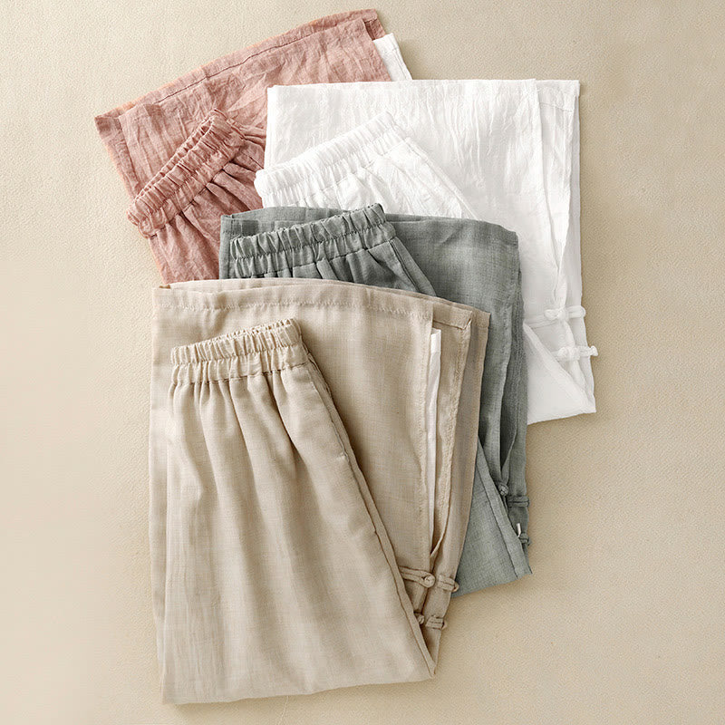 Pantaloni da donna in cotone e lino a gamba larga con tasche, orlo con bottoni a rana e design a fessura , Buddha Stones - image 20