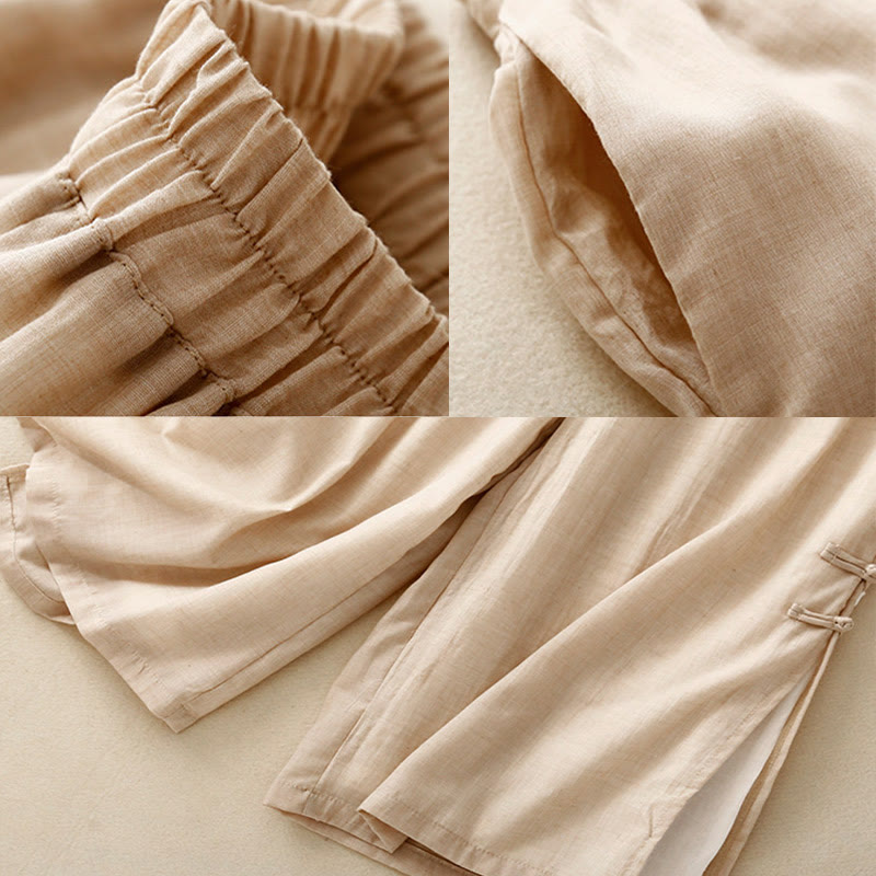 Pantaloni da donna in cotone e lino a gamba larga con tasche, orlo con bottoni a rana e design a fessura , Buddha Stones - image 7