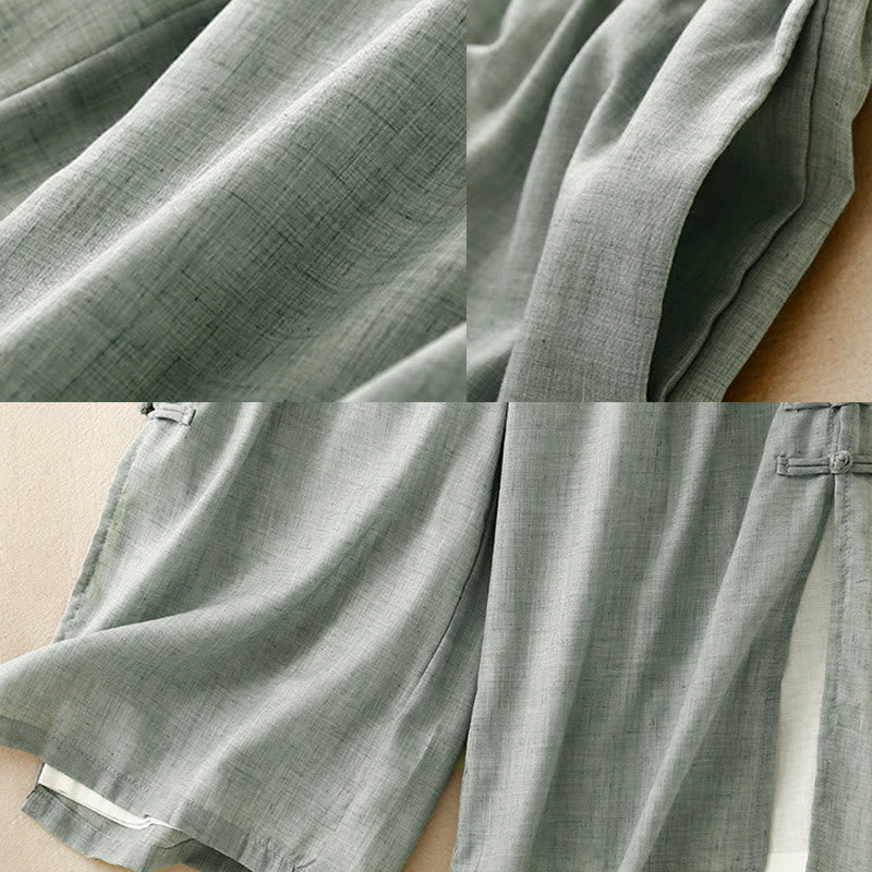 Pantaloni da donna in cotone e lino a gamba larga con tasche, orlo con bottoni a rana e design a fessura , Buddha Stones - image 20