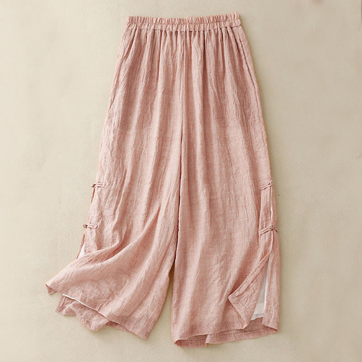 Pantaloni da donna in cotone e lino a gamba larga con tasche, orlo con bottoni a rana e design a fessura , Buddha Stones - Rosa chiaro - US8-10, UK/AU12-14, EU40-42 (2XL) - image 15