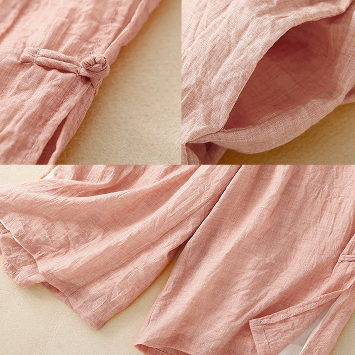 Pantaloni da donna in cotone e lino a gamba larga con tasche, orlo con bottoni a rana e design a fessura , Buddha Stones - image 16