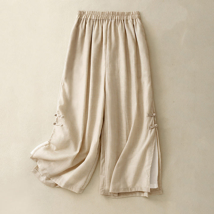 Pantaloni da donna in cotone e lino a gamba larga con tasche, orlo con bottoni a rana e design a fessura , Buddha Stones - Beige - US8-10, UK/AU12-14, EU40-42 (2XL) - image 0