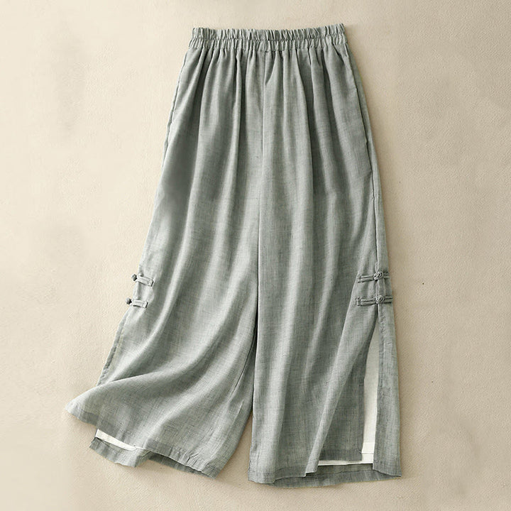 Pantaloni da donna in cotone e lino a gamba larga con tasche, orlo con bottoni a rana e design a fessura , Buddha Stones - Acquamarina media - US8-10, UK/AU12-14, EU40-42 (2XL) - image 18