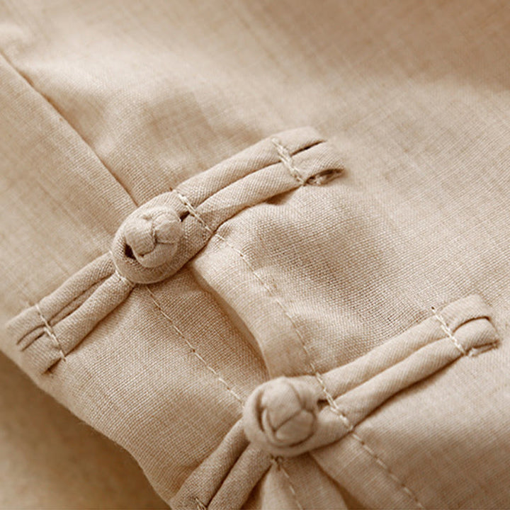 Pantaloni da donna in cotone e lino a gamba larga con tasche, orlo con bottoni a rana e design a fessura , Buddha Stones - image 5
