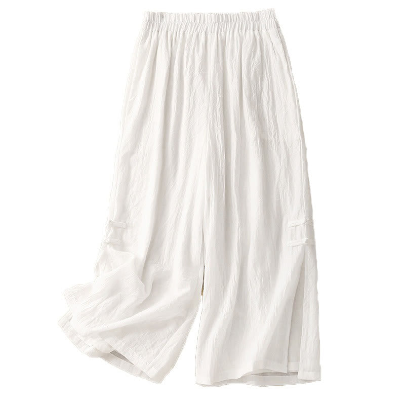 Pantaloni da donna in cotone e lino a gamba larga con tasche, orlo con bottoni a rana e design a fessura , Buddha Stones - image 13