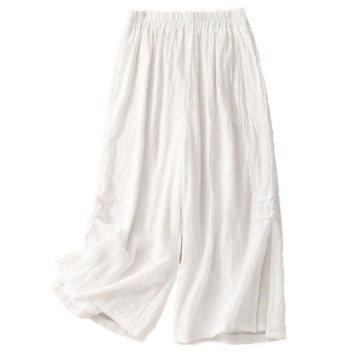 Pantaloni da donna in cotone e lino a gamba larga con tasche, orlo con bottoni a rana e design a fessura , Buddha Stones - image 13