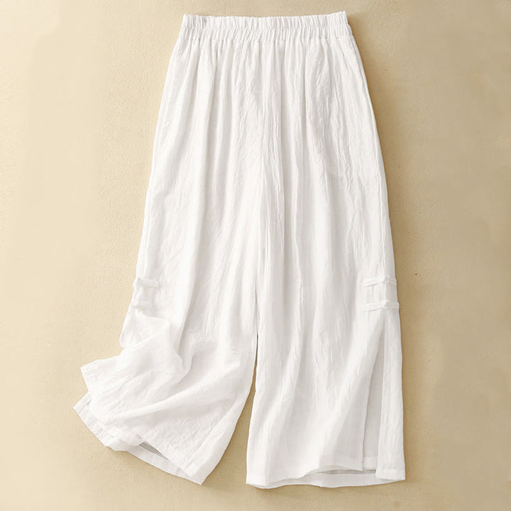 Pantaloni da donna in cotone e lino a gamba larga con tasche, orlo con bottoni a rana e design a fessura , Buddha Stones - Bianco - US8-10, UK/AU12-14, EU40-42 (2XL) - image 9